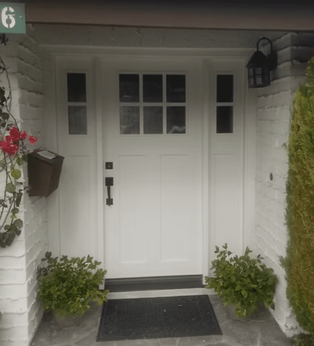 White front door with glass panels, flanked by potted plants and a mailbox.